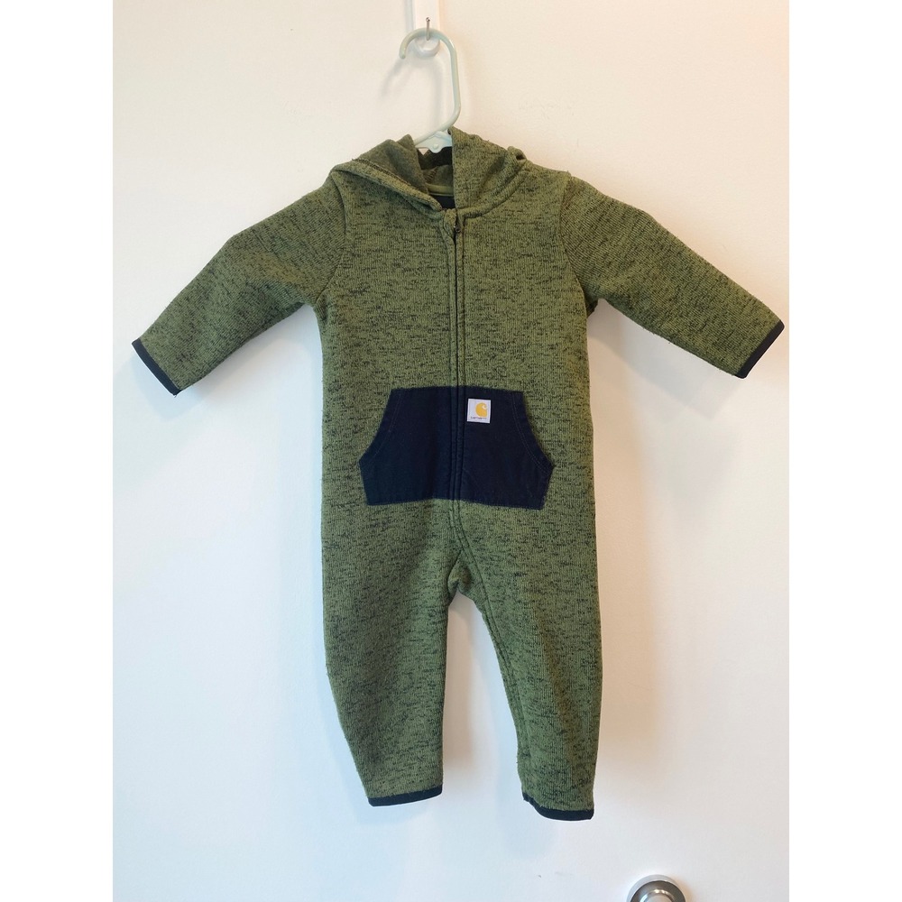 Carhartt Coverall Baby 9M Green Hooded Fleece Zip Up Jumpsuit Romper Kids Warm